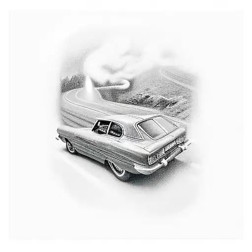 A Realistic Black And Grey Tattoo Of A Vintage Diecast Car Speeding Down A Winding Road