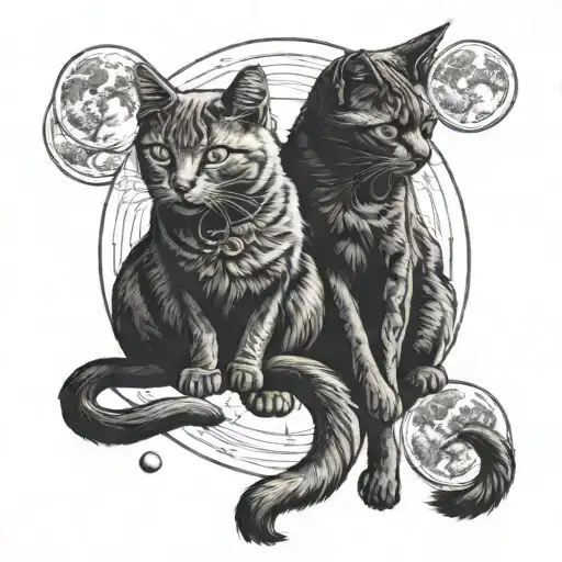 Black Cat Kissing White Cat Sitting On The Moon Phases