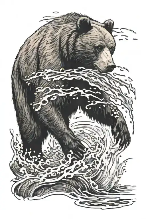 Bear By Water Catching Fish Jumping