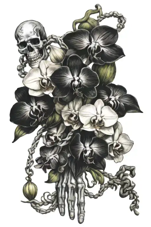 Skeleton Hand Holding Orchids Intertwined
