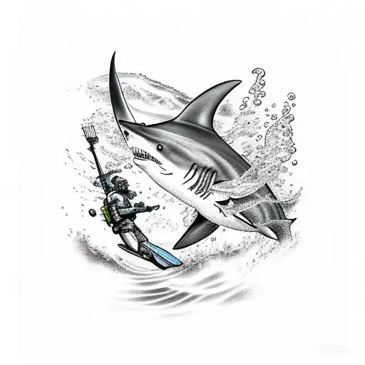 An Underwater Scene With A Shark Hunting Its Prey While A Diver With A Spear Is Ready To Strike