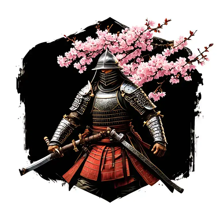 Cherry Blossom Tree With Samurai In Armor Around It