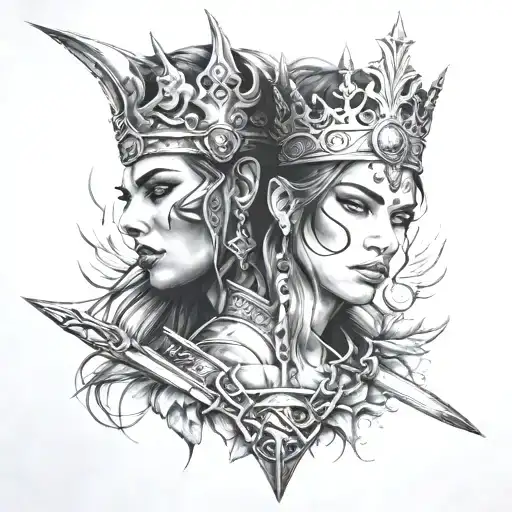 Warrior Woman Face With Sword And Warrior Crown