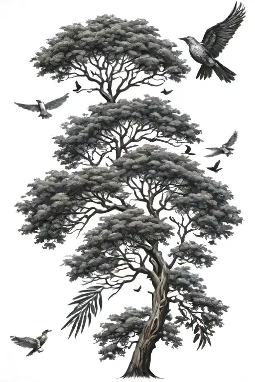 Tree With Birds Flying Towards