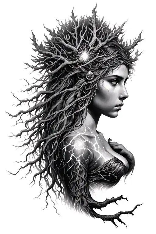 Freya Goddess And Lightning Storm Tree Of Life