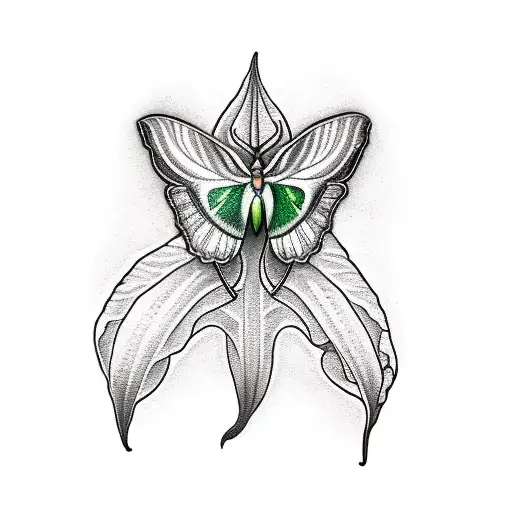 A Chest Tattoo Of A Green Luna Moth Flying Near A Red And Yellow Flame Lily Flower