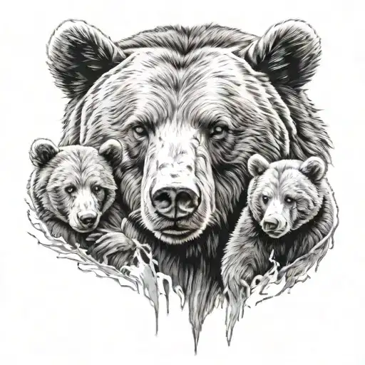 Bear And Two Cubs Face Only