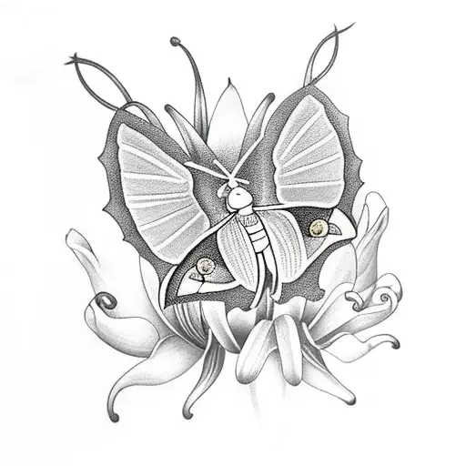 A Chest Tattoo Of A Luna Moth Flying Near A Lily Flower