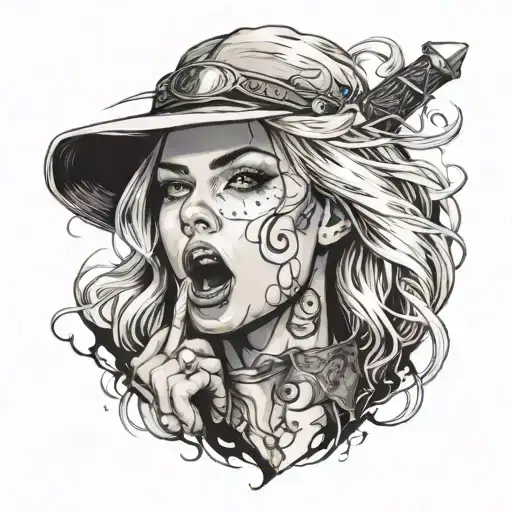 Blonde Woman With Loose Hair Completely Frontal With One Hand And A Dagger In Her Mouth