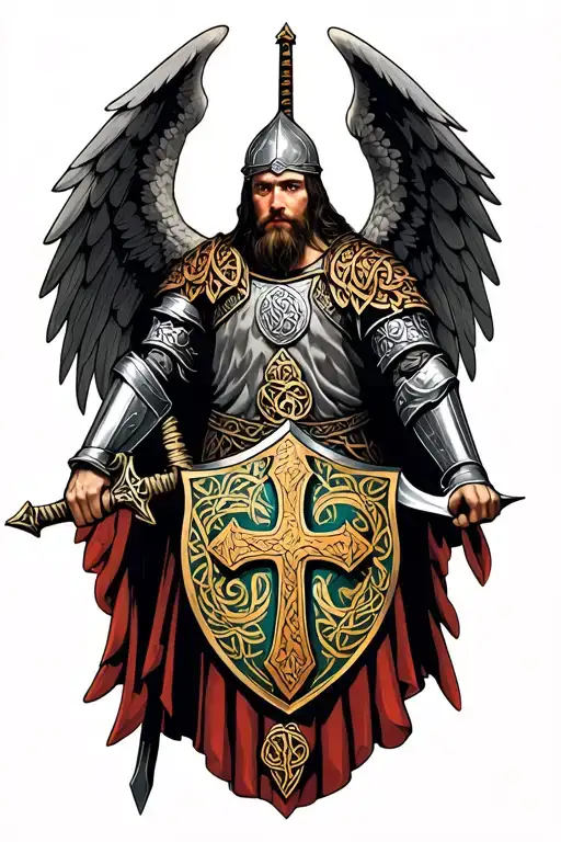 Celtic Knight With Wings And Sword With Cross Shield