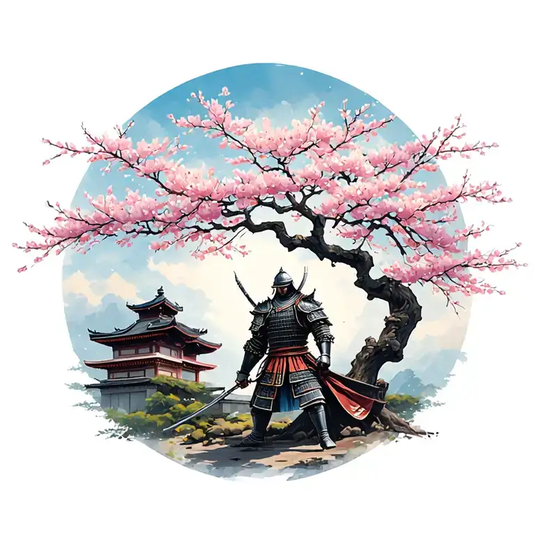 Cherry Blossom Tree With Samurai In Armor Guarding It