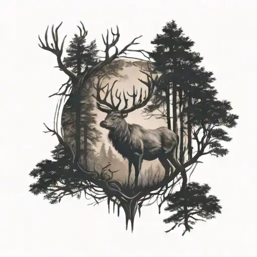 Deer In A Forest With A Dark And Mysterious Style