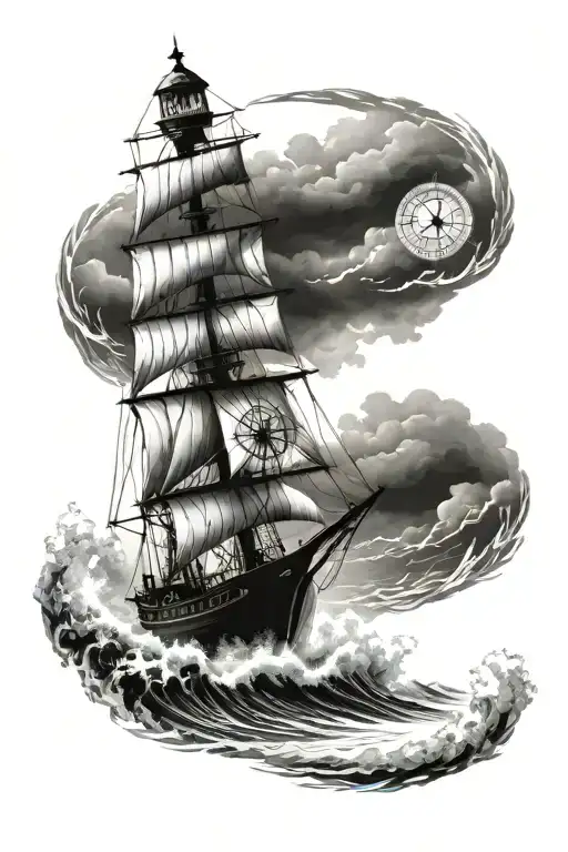 Sailing Ship Sailing Through Stormy Seas With Compass And A Lighthouse In Front