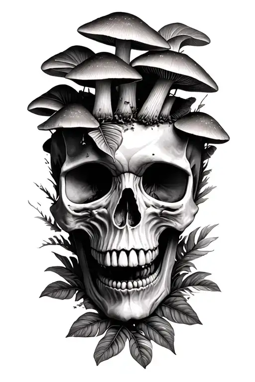 Skull With Mushrooms Growing Out Surrounded By Monstera Leaves And Plants