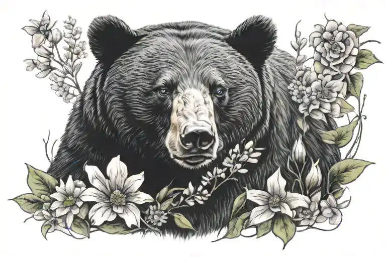 Black Bear With Flowers Around Him