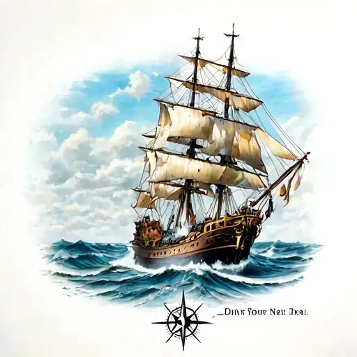 Ship And Navigation Shart With Compass Rose