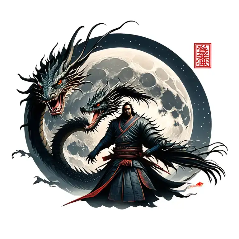 Samurai And The Dragon Against The Background Of The Moon