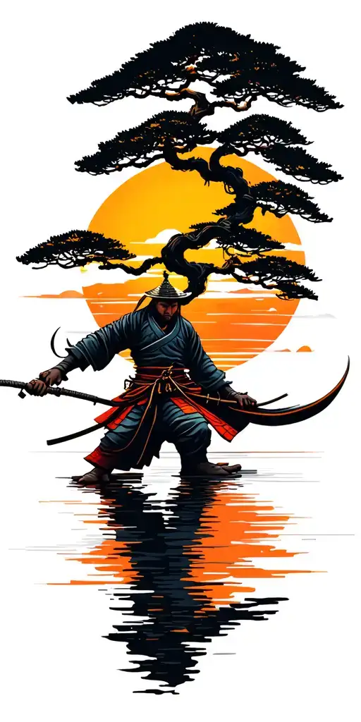 Traditional Samurai In Sunset Background And Bonsai Tree Into Sun