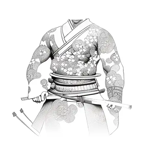 Samurai Warrior In A Garden Of Cherry Blossoms Thinking Abour War