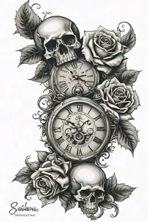 Clock And Skull And Roses And Roman Numerals