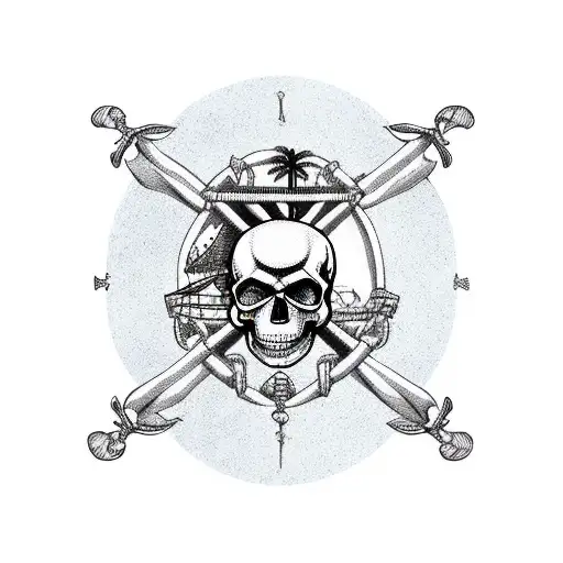 A Traditional Style Pirate Ship Sailing Towards A Palm Tree Island With A Skull Flag