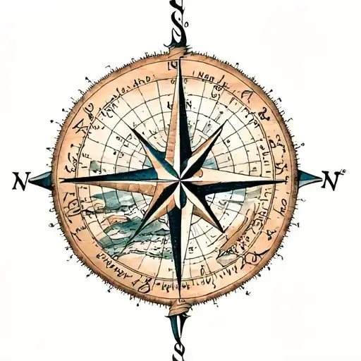 Ship And Navigation Chart With Compass Rose