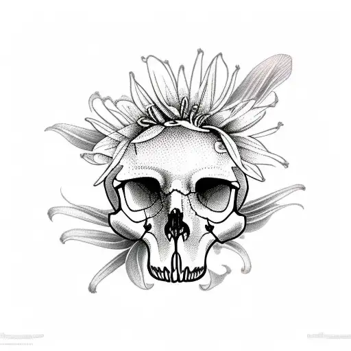 Raven Skull With Spider Lily Flowers Behind