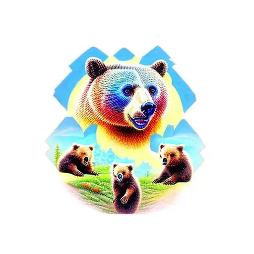 Mother Bear With Three Cubs