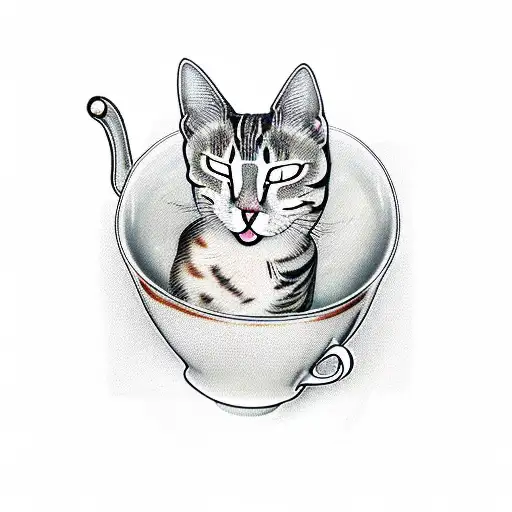 Full Body Cat Sleeping Inside Vintage Cup