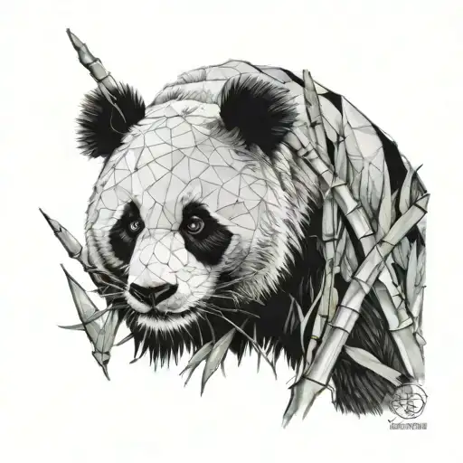Panda With Bamboo In Front Of Face And Geometric Background