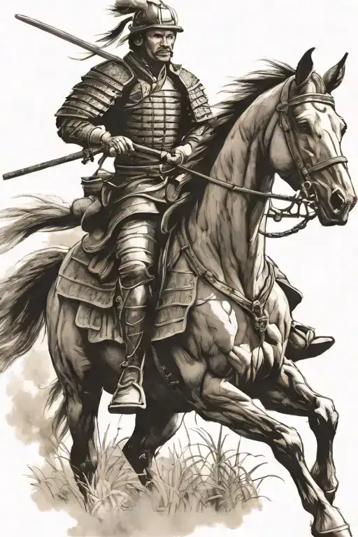 Samurai Warrior Riding Horse Galloping Through A Field