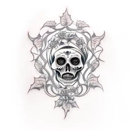 Santa Muerte With Vines And Music Notes