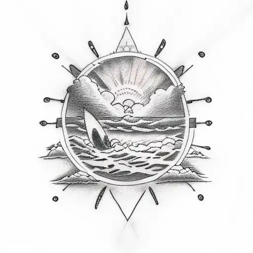 A Sketch-style Tattoo Of A Peaceful Beach Sunset With A Subtle Image Of Jesus In The Clouds