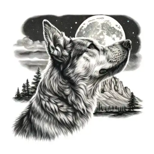 A Realistic Portrait Of A Dog Howling At The Moon With A Mountain Range In The Background