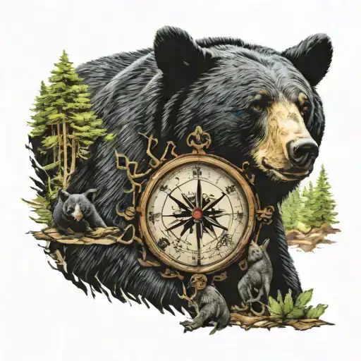 Black Bear And Cubs In Woods In Color Nautical Compass
