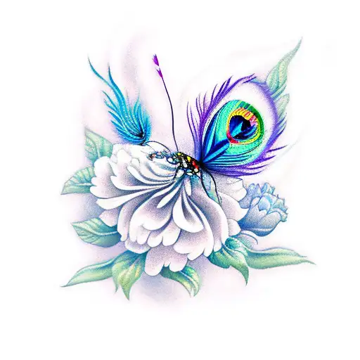 Carnation With Peacock Feathers And Butterfly