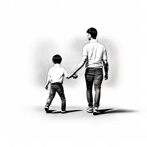 Father And Son Holding Hands While Walking