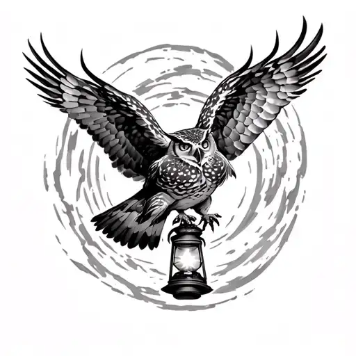Flying Great Horned Owl With Lantern Shining Light