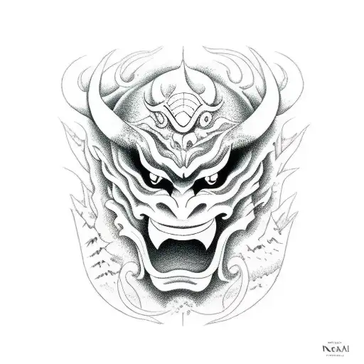 A Japanese Demon Mask Surrounded By Forest Elements