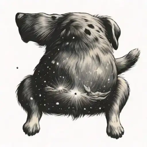 Dog Sits With Its Back Turned And Looks At The Stars With A Comet