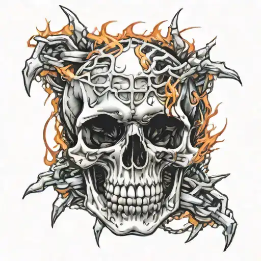 Skull With Fangs Wrapped In Barb Wire And Flames In The Background