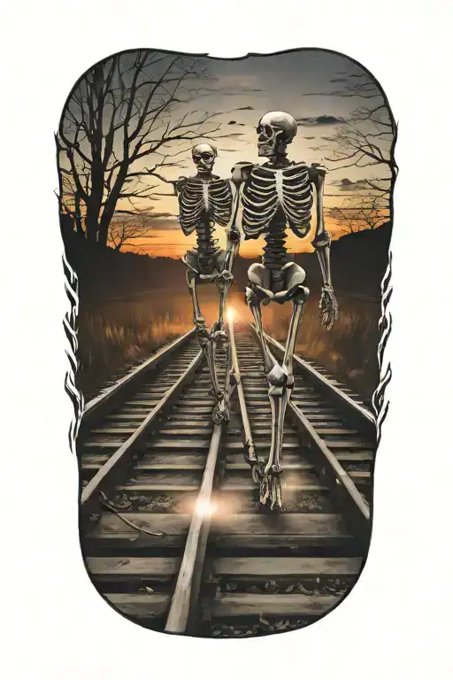 A Skeleton Couple Walking On Train Tracks Towards A Glowing Sunset Holding Hands