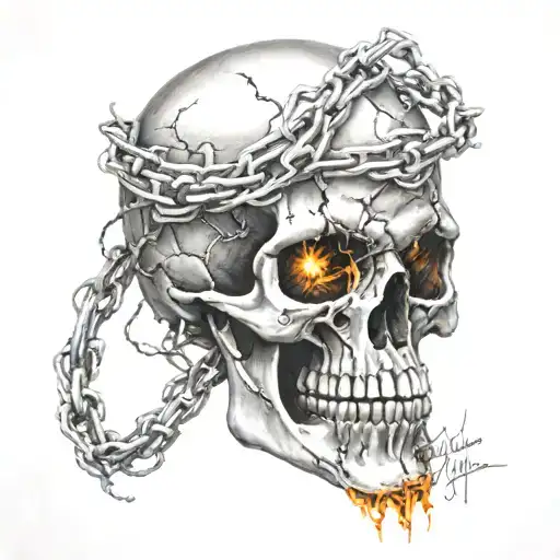 Skull With Fangs Wrapped In Barb Wire Flames In The Background