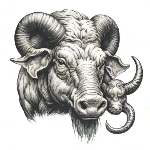 Aries Whit Big Horns And Pig In One Animal As Tattoo For Beautiful Woman