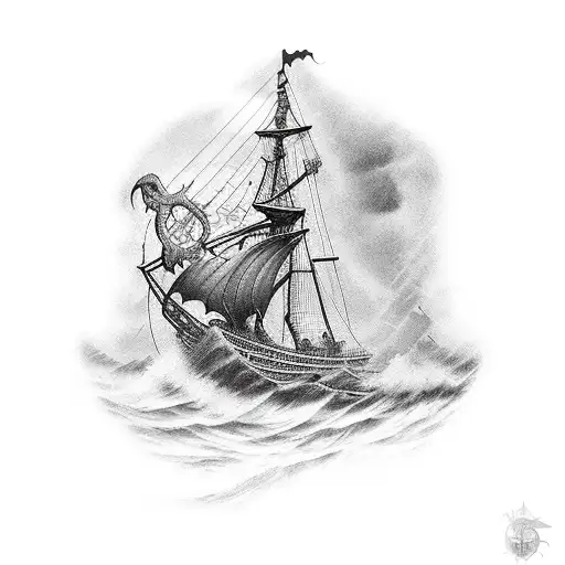 A Cthulhu-inspired Pirate Ship Battling A Sea Monster In A Stormy Ocean