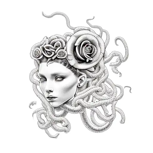 Cutted Medusa Head And Roses