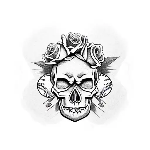 Skull With Lion And Spartan And Baseball Ball And Roses