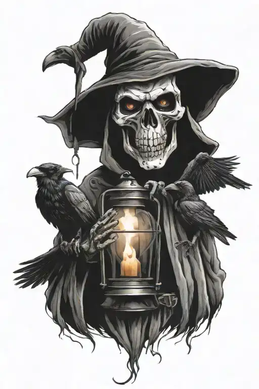 Grim Reaper Holding A Lantern With Ravens Watching