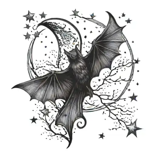 Crescent Moon With Stars And Bats