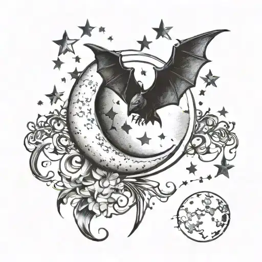 Crescent Moon With Bats And Stars